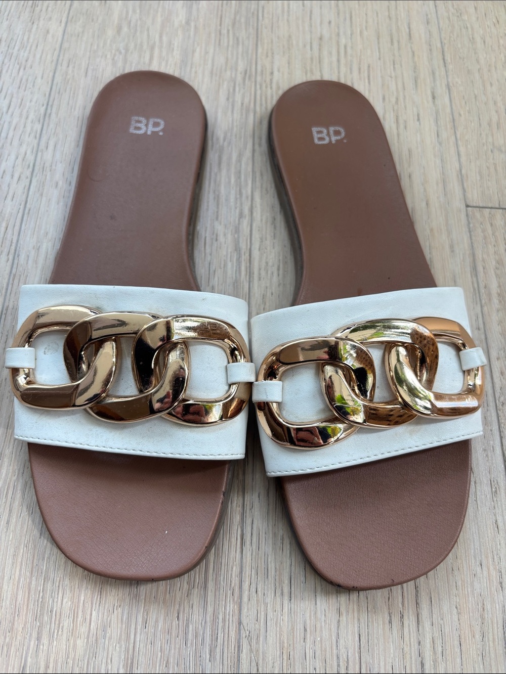 bp White Slide Sandals with Chunky Gold Chain